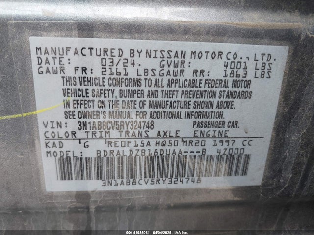 3N1AB8CV5RY324748 Nissan Sentra Sv Xtronic Cvt