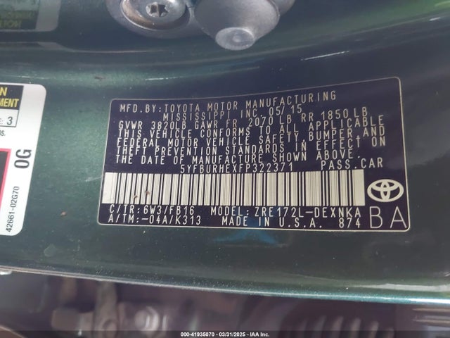5YFBURHEXFP322371 Toyota COROLLA LE