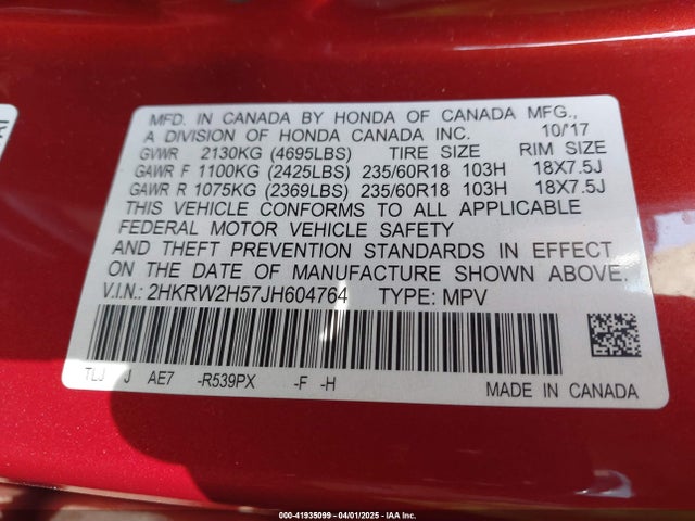2HKRW2H57JH604764 Honda CR-V EX