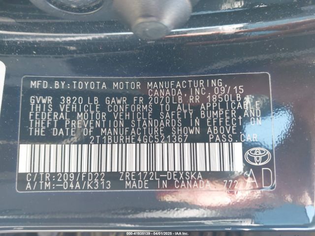 2T1BURHE4GC521367 Toyota Corolla S W/special Edition Pkg