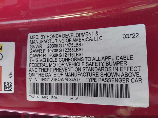 1HGCV1F45NA034517 Honda Accord Sport Special Edition