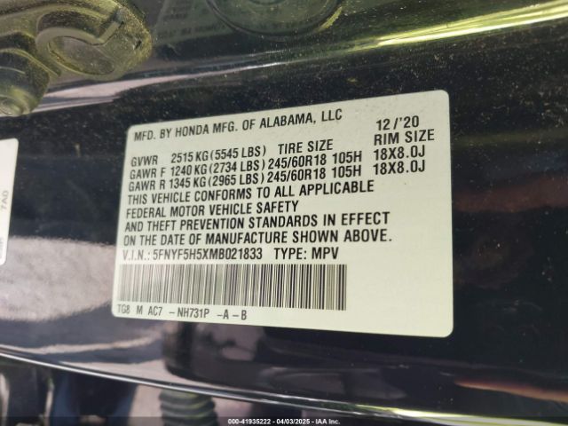 5FNYF5H5XMB021833 Honda Pilot 2wd Ex-l