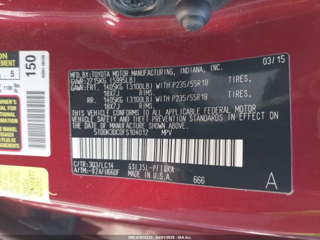 5TDDK3DC0FS104012 Toyota Sienna Xle 7 Passenger