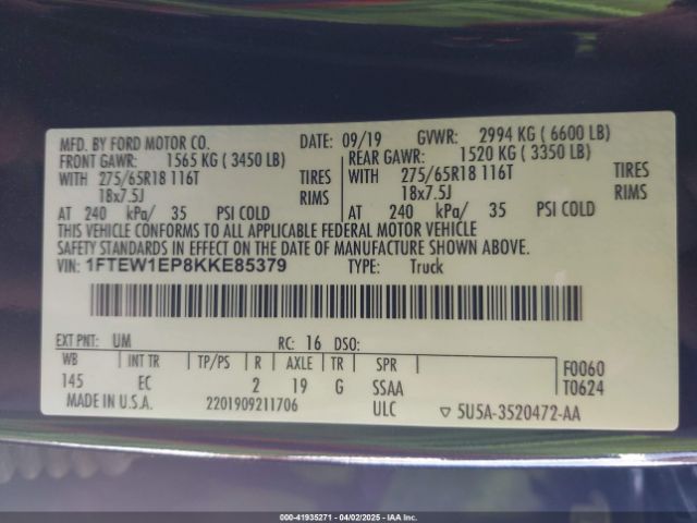 1FTEW1EP8KKE85379 Ford F-150 Lariat