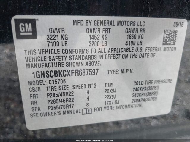 1GNSCBKCXFR687597 Chevrolet Tahoe Lt
