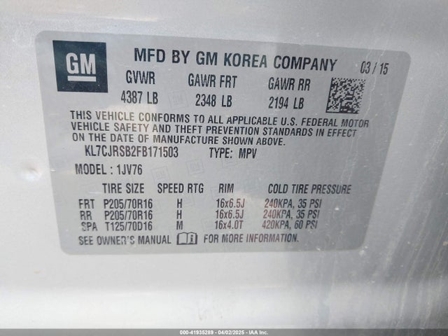 Chevrolet Trax Lt 2015 KL7CJRSB2FB171503 Image 9