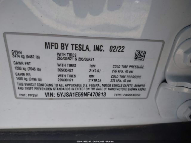 5YJSA1E59NF470813 Tesla Model S Dual Motor All-wheel Drive
