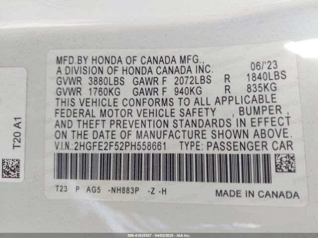 2HGFE2F52PH558661 Honda Civic Sport