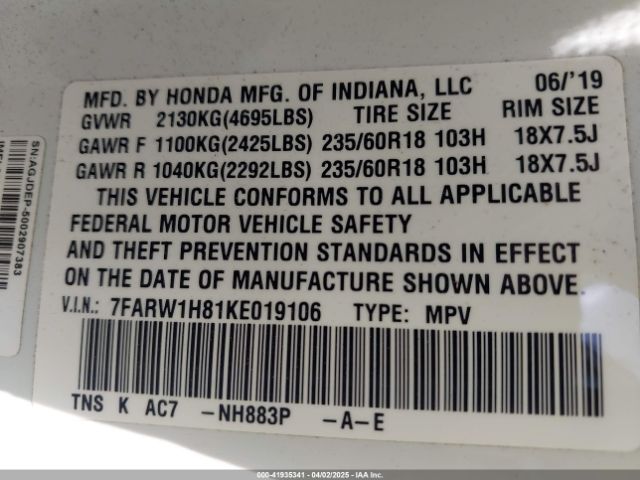 7FARW1H81KE019106 Honda Cr-v Ex-l