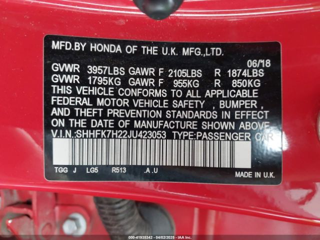 SHHFK7H22JU423053 Honda Civic Lx