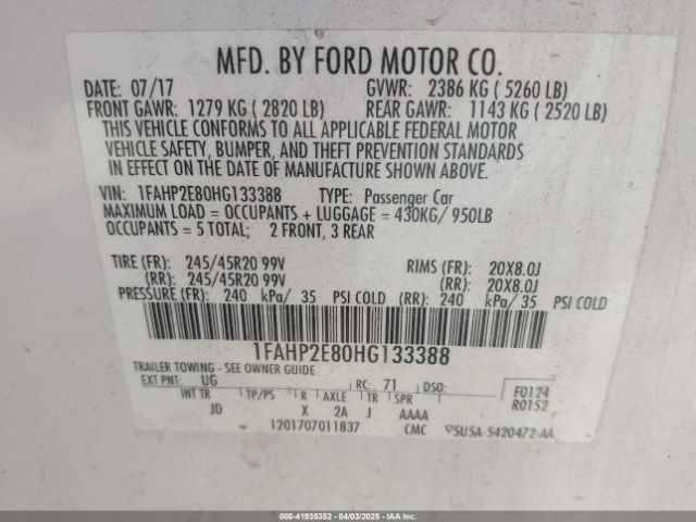 1FAHP2E80HG133388 Ford TAURUS SEL