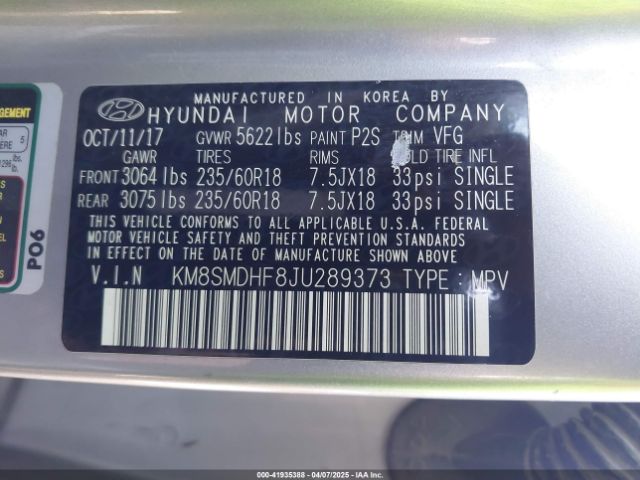 KM8SMDHF8JU289373 Hyundai Santa Fe Se