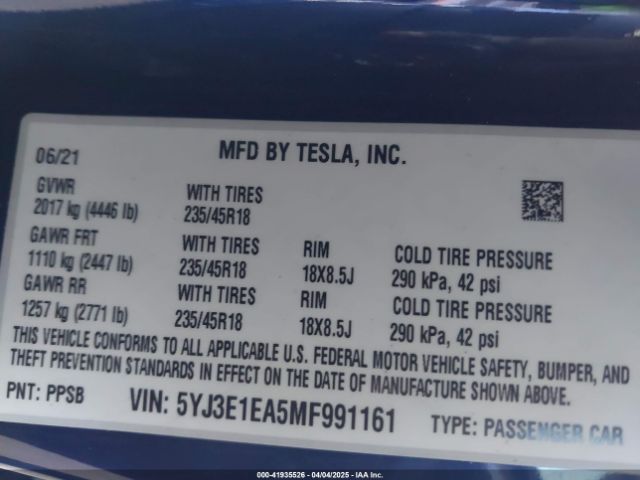 5YJ3E1EA5MF991161 Tesla Model 3 Standard Range Plus Rear-wheel Drive