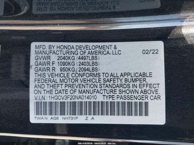 1HGCV3F20NA014010 Honda Accord Hybrid Sport