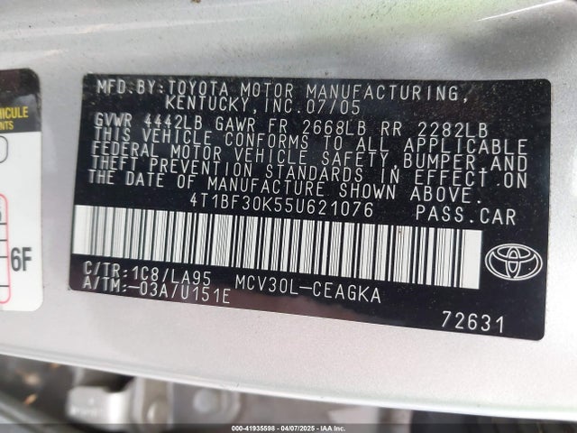 41935598 :رقم المزاد ، 4T1BF30K55U621076 vin ، 2005 Toyota Camry Xle V6 مزاد بيع