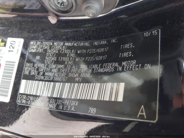 5TDYK3DC0FS666767 Toyota Sienna Xle Premium 8 Passenger