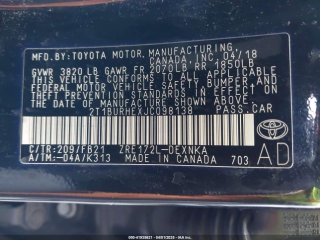 2T1BURHEXJC098138 Toyota COROLLA LE