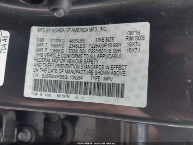 5J6RM4H98GL105264 Honda Cr-v Touring