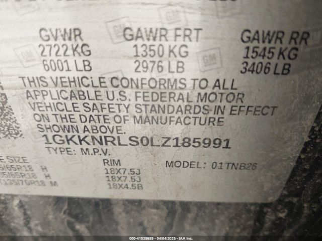 1GKKNRLS0LZ185991 GMC Acadia Fwd Sle