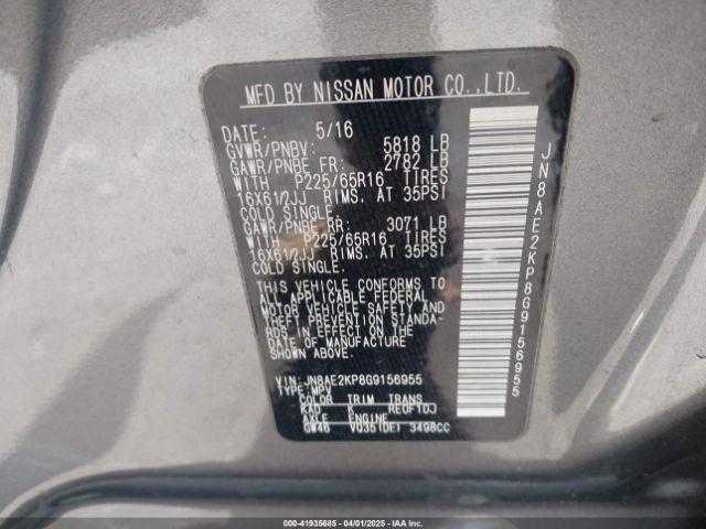 JN8AE2KP8G9156955 Nissan Quest Platinum/s/sl/sv
