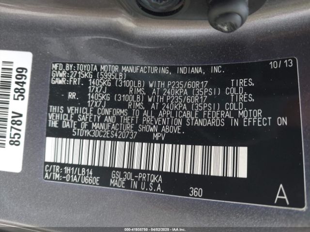 5TDYK3DC2ES420737 Toyota Sienna Xle V6 8 Passenger