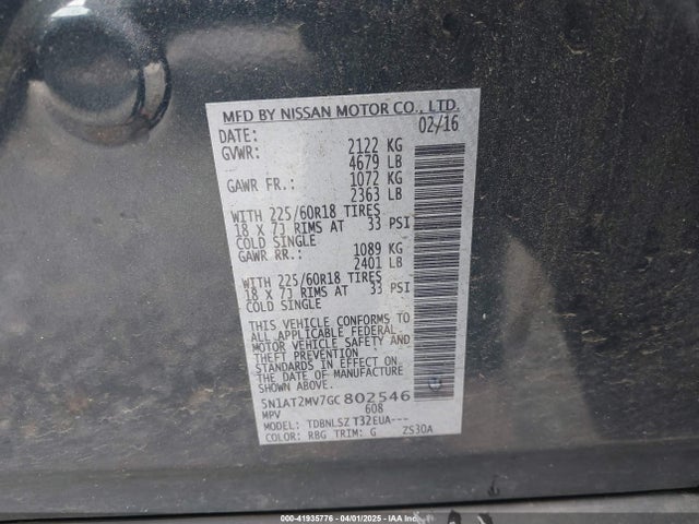5N1AT2MV7GC802546 Nissan Rogue Sl