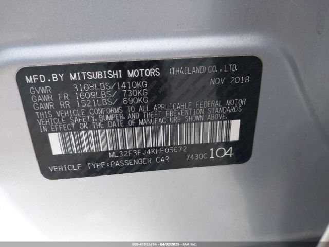 2019 MITSUBISHI MIRAGE G4 ML32F3FJ4KHF05672 Photo 8