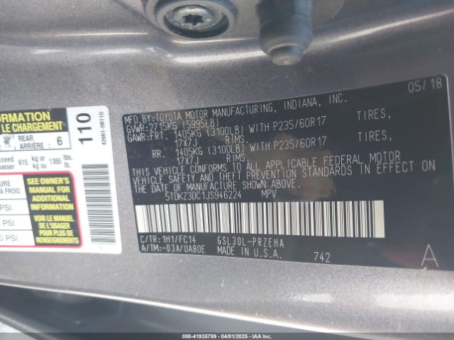 2018 TOYOTA SIENNA 5TDKZ3DC1JS946224 Photo 8