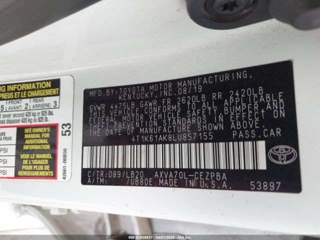 4T1K61AK8LU857155 Toyota CAMRY XSE
