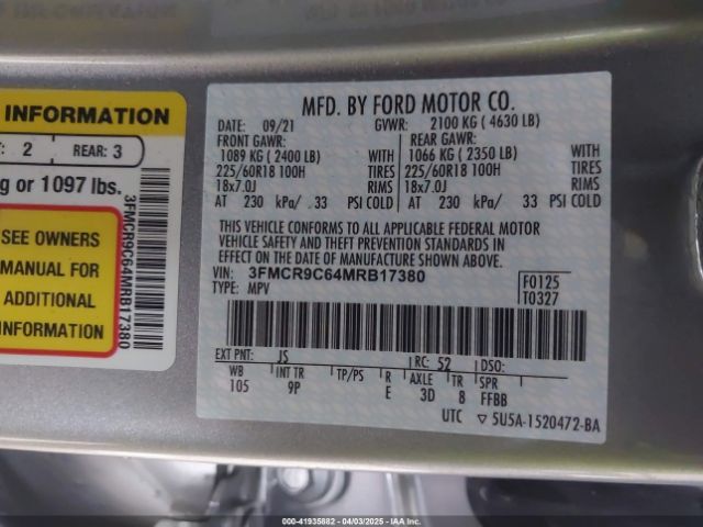 3FMCR9C64MRB17380 Ford Bronco Sport Outer Banks