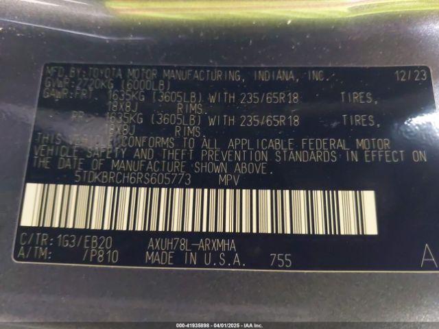 5TDKBRCH6RS605773 Toyota Highlander Hybrid Xle