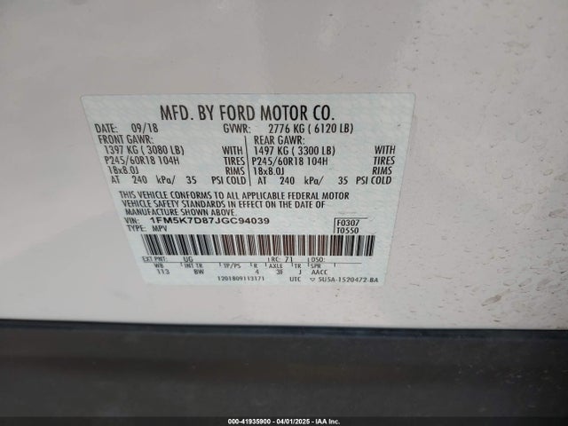 1FM5K7D87JGC94039 Ford EXPLORER XLT