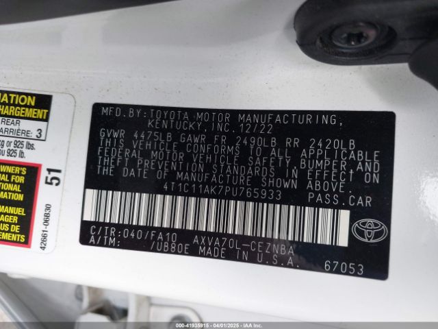 4T1C11AK7PU765933 Toyota CAMRY LE