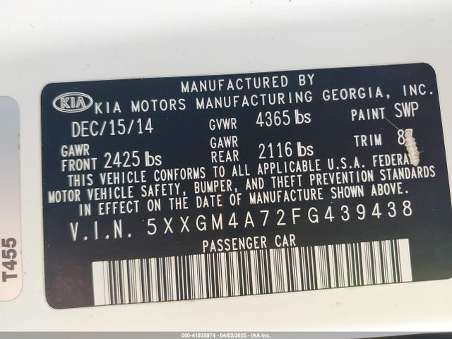 5XXGM4A72FG439438 KIA Optima Lx