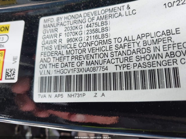1HGCV1F3XNA087754 Honda Accord Sport