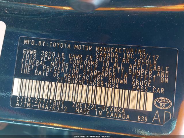 2T1BURHE1HC881634 Toyota COROLLA LE