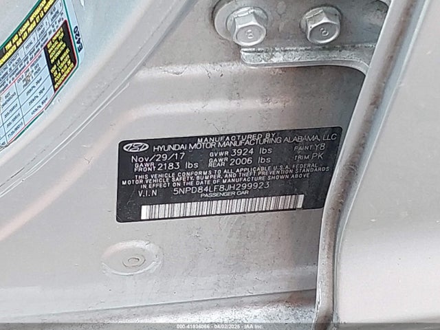 5NPD84LF8JH299923 Hyundai ELANTRA SEL