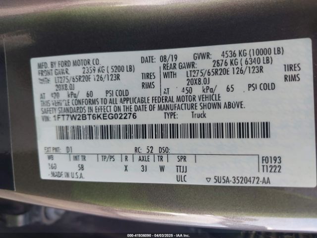 1FT7W2BT6KEG02276 Ford F-250 Lariat