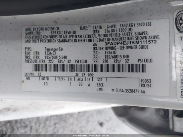3FADP4EJ1KM111572 Ford FIESTA SE