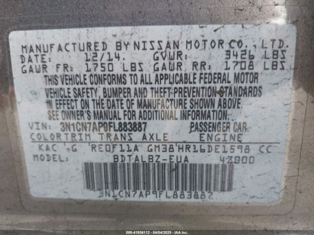 3N1CN7AP9FL883887 Nissan Versa 1.6 Sv