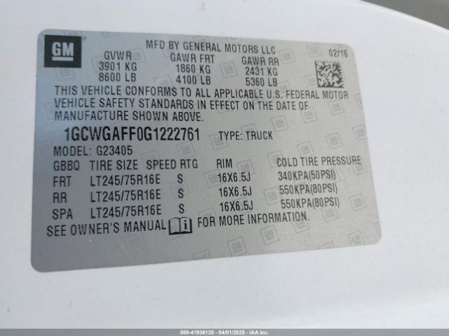 1GCWGAFF0G1222761 Chevrolet Express 2500 Work Van