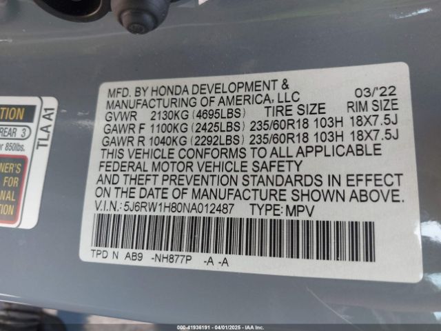 5J6RW1H80NA012487 Honda Cr-v 2wd Ex-l