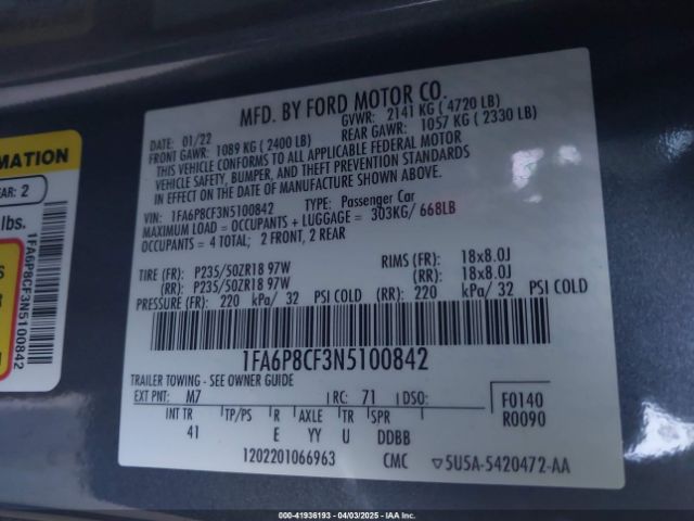 2022 FORD MUSTANG 1FA6P8CF3N5100842 Photo 8