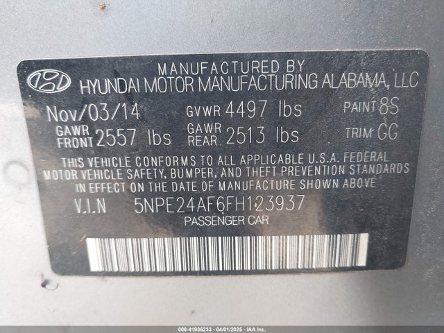 5NPE24AF6FH123937 Hyundai SONATA SE