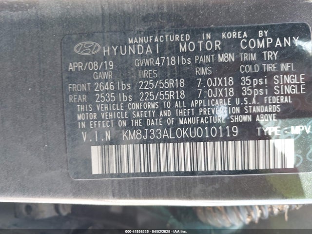 KM8J33AL0KU010119 Hyundai Tucson Limited