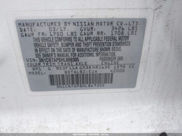 3N1CN7AP8HL869305 Nissan Versa 1.6 Sv