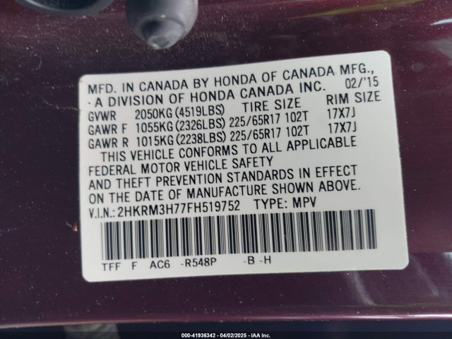 2HKRM3H77FH519752 Honda Cr-v Ex-l