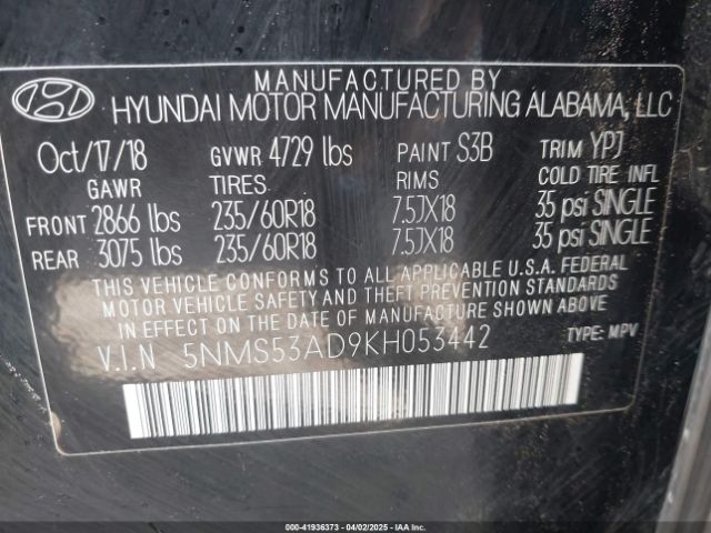 5NMS53AD9KH053442 Hyundai Santa Fe Limited