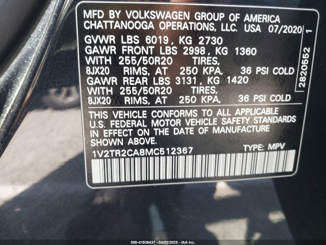 1V2TR2CA8MC512367 Volkswagen Atlas 3.6l V6 Sel Premium