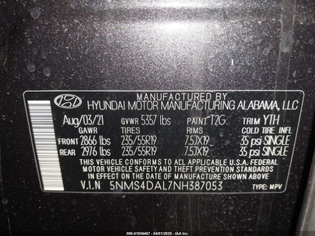 5NMS4DAL7NH387053 Hyundai Santa Fe Limited